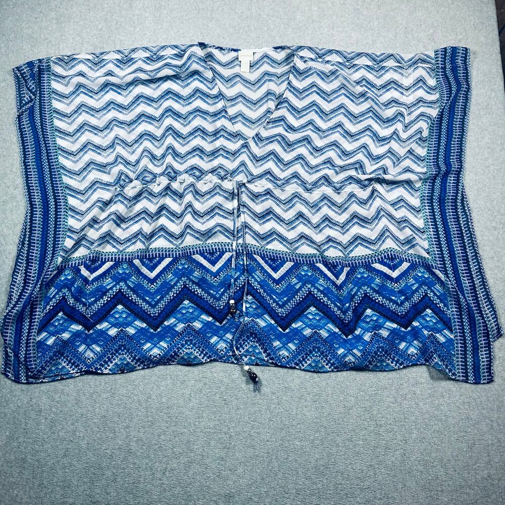 Chico's Tunic Top Women's O/S Blue/White Chevron Print Kimono Cinch Waist